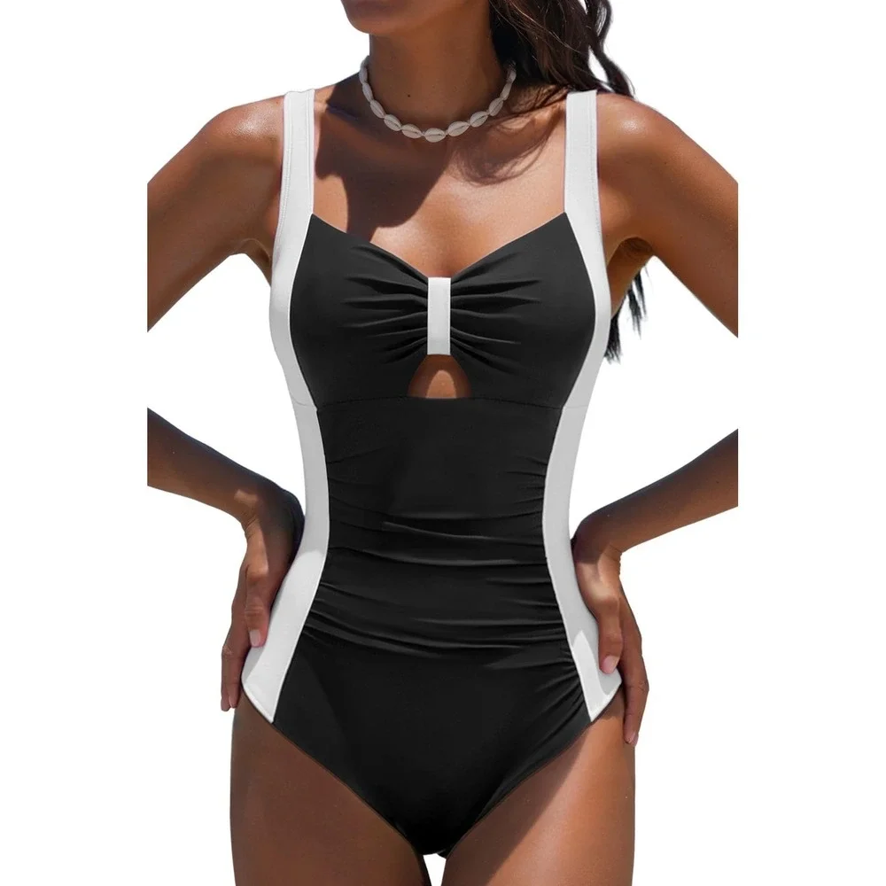 NWT Popvil Women One Piece Tummy Control Black White Ruched‎ Waist Swimsuit XL